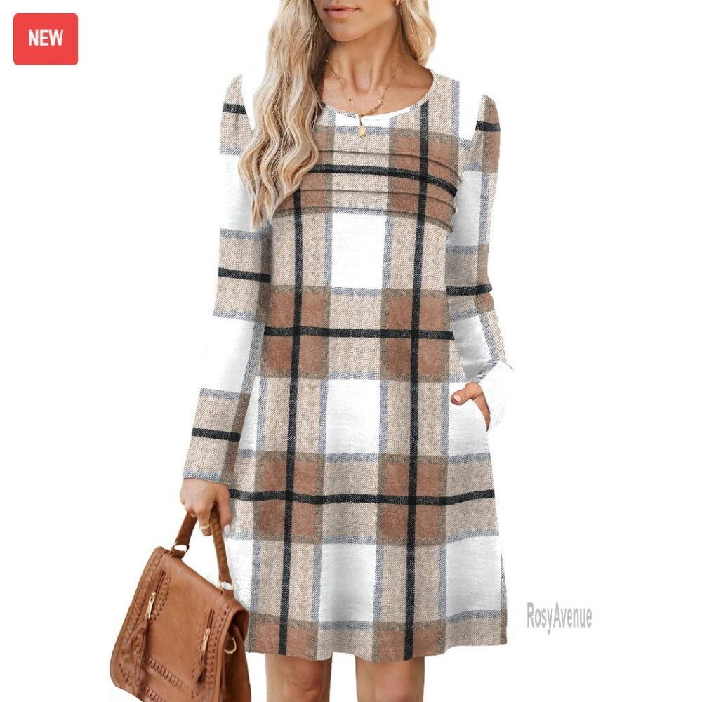 Long Sleeve Tunic Sweater Dress with Pockets Pleated Front Casual Winter
